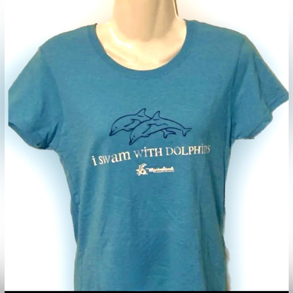 Marineland Beach Tee Top S Souvenir Blue T-Shirt I Swam with Dolphins Women’s